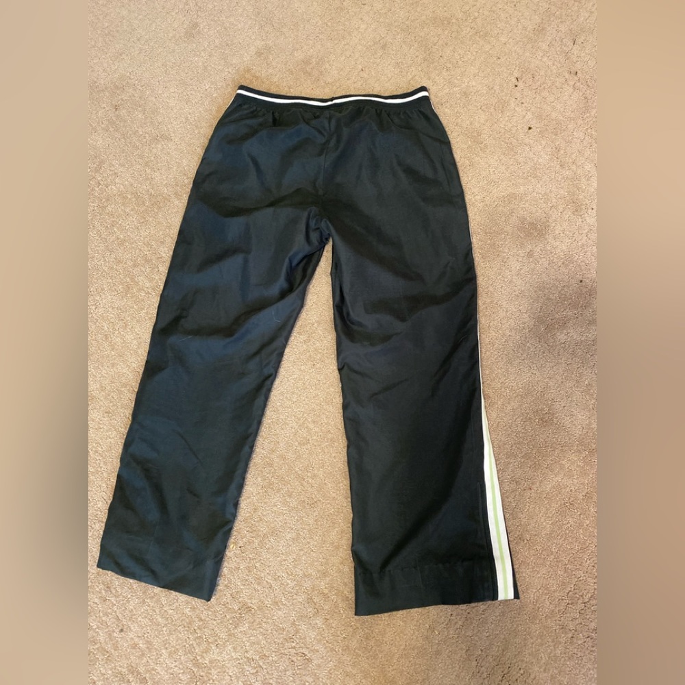 Green Tea - Woman’s black high rise sweat pants w/white/green trim side, Size: L